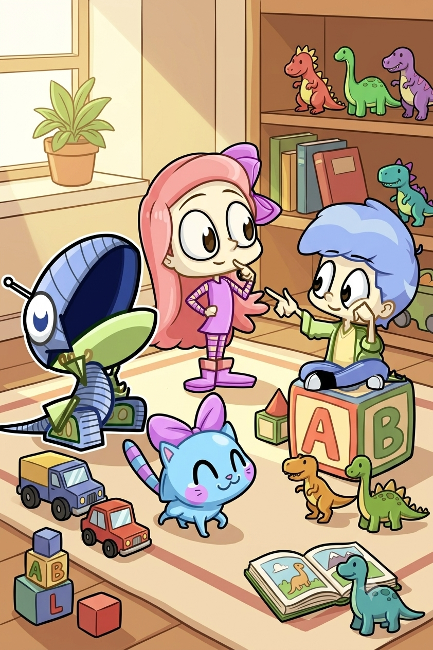 Los personajes de Pro Infans jugando en el consultorio